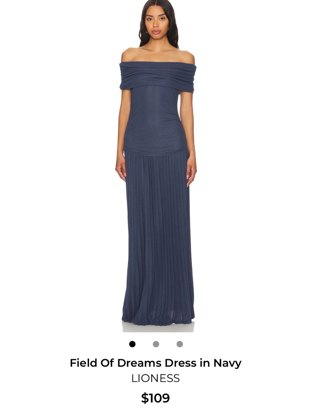 Lioness Off-Shoulder Pleated Maxi Dress in Navy Blue